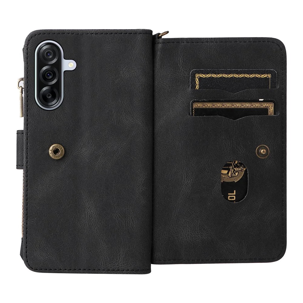 For Samsung Galaxy A36 5G Zipper Wallet Case with 15 Card Slots and Strap Leather Phone Cover - Black - 2