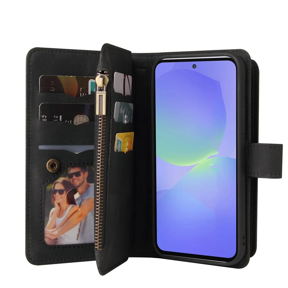 For Samsung Galaxy A36 5G Zipper Wallet Case with 15 Card Slots and Strap Leather Phone Cover - Black - 3