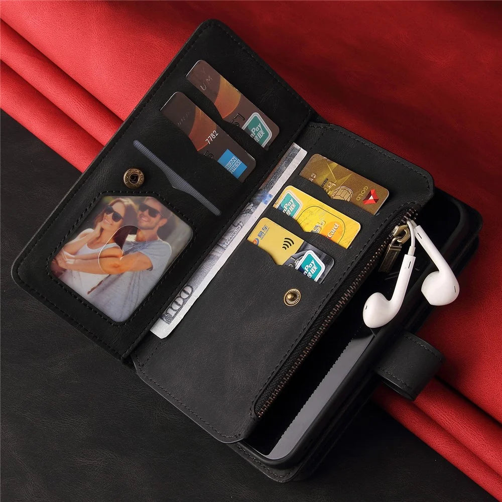 For Samsung Galaxy A36 5G Zipper Wallet Case with 15 Card Slots and Strap Leather Phone Cover - Black - 5