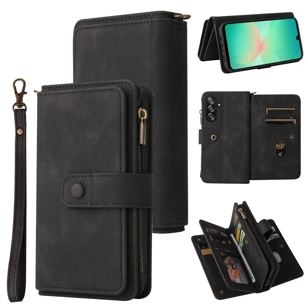 For Samsung Galaxy A16 4G / Galaxy A16 5G / Galaxy A26 5G Zipper Wallet Case with 15 Card Slots and Strap Leather Phone Cover - Black - 1