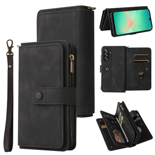 For Samsung Galaxy A16 4G / Galaxy A16 5G / Galaxy A26 5G Zipper Wallet Case with 15 Card Slots and Strap Leather Phone Cover - Black - 1