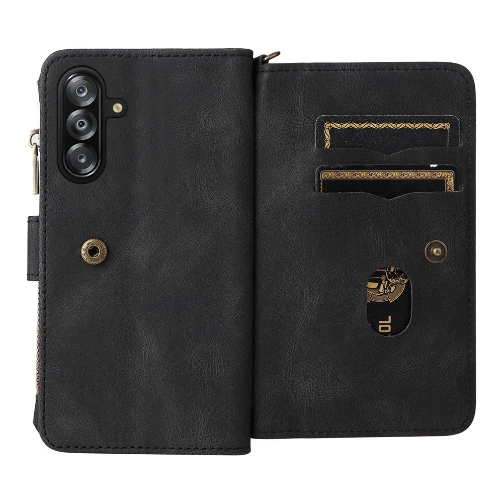 For Samsung Galaxy A16 4G / Galaxy A16 5G / Galaxy A26 5G Zipper Wallet Case with 15 Card Slots and Strap Leather Phone Cover - Black - 2