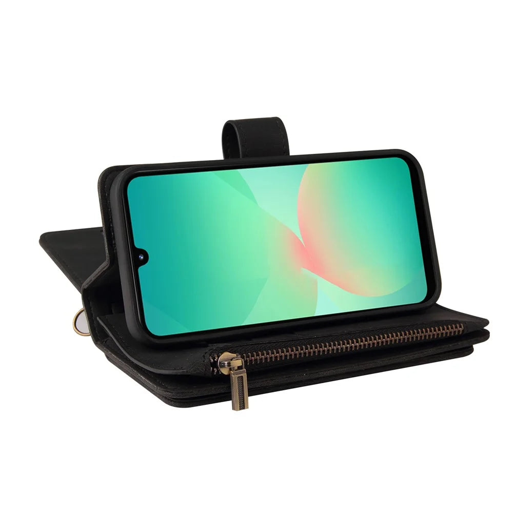 For Samsung Galaxy A16 4G / Galaxy A16 5G / Galaxy A26 5G Zipper Wallet Case with 15 Card Slots and Strap Leather Phone Cover - Black - 6