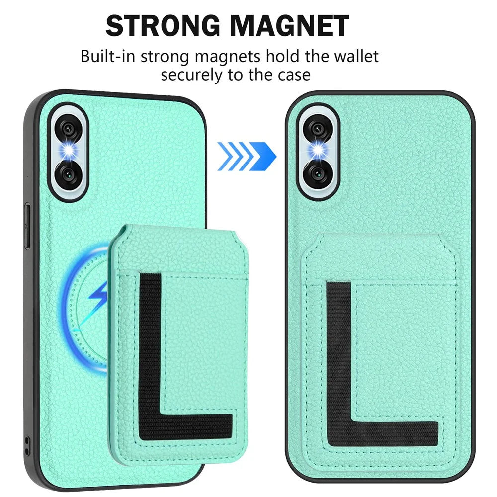 For Sony Xperia 10 VI Magnetic Case TPU + PU Leather Phone Back Cover with Detachable Card Holder - Mint Green - 3