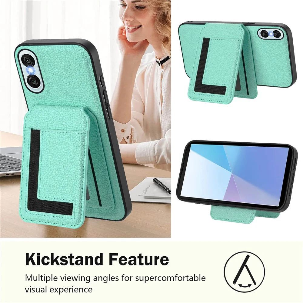 For Sony Xperia 10 VI Magnetic Case TPU + PU Leather Phone Back Cover with Detachable Card Holder - Mint Green - 4