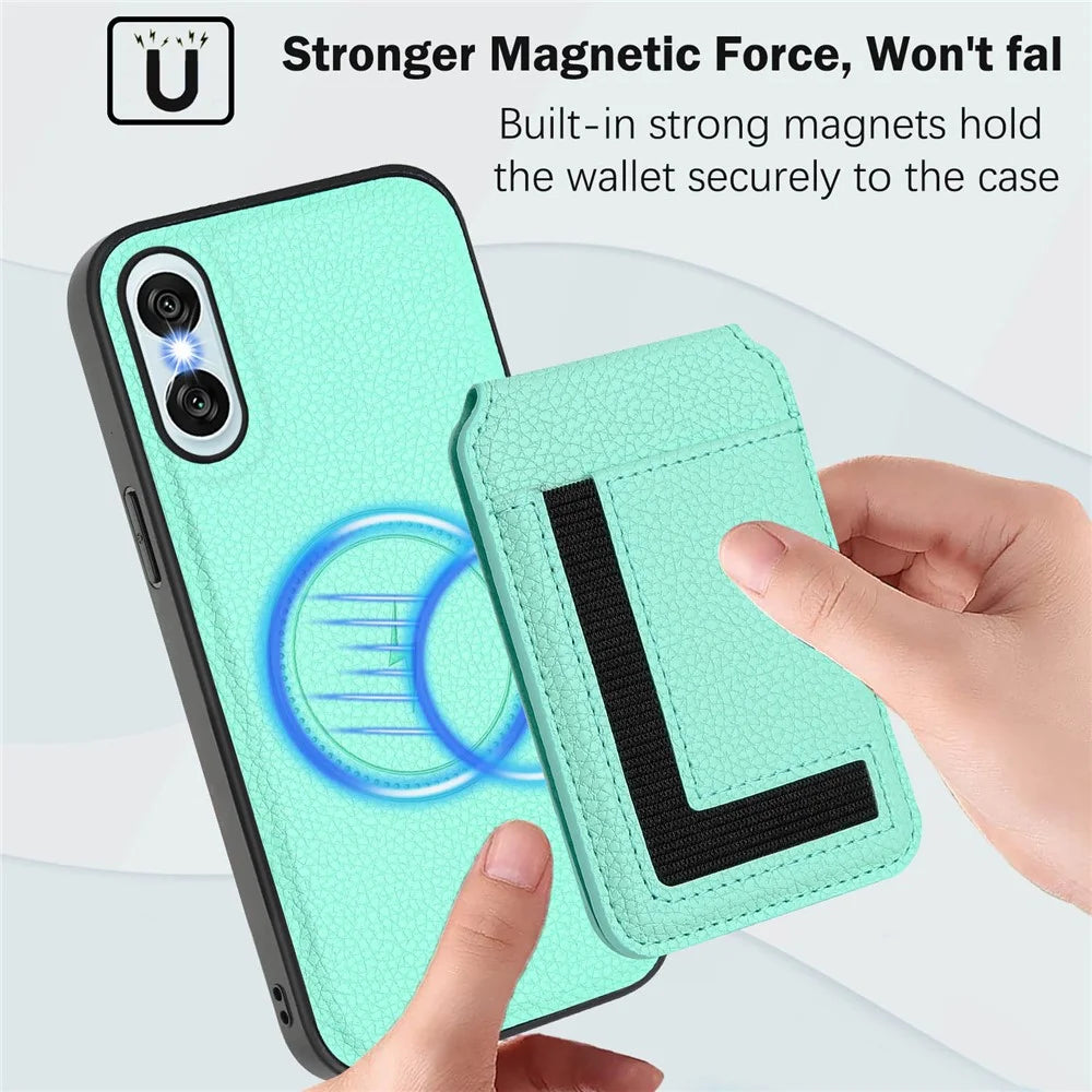 For Sony Xperia 10 VI Magnetic Case TPU + PU Leather Phone Back Cover with Detachable Card Holder - Mint Green - 5