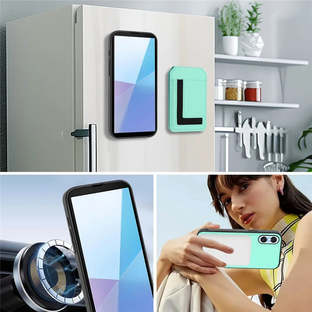 For Sony Xperia 10 VI Magnetic Case TPU + PU Leather Phone Back Cover with Detachable Card Holder - Mint Green - 7