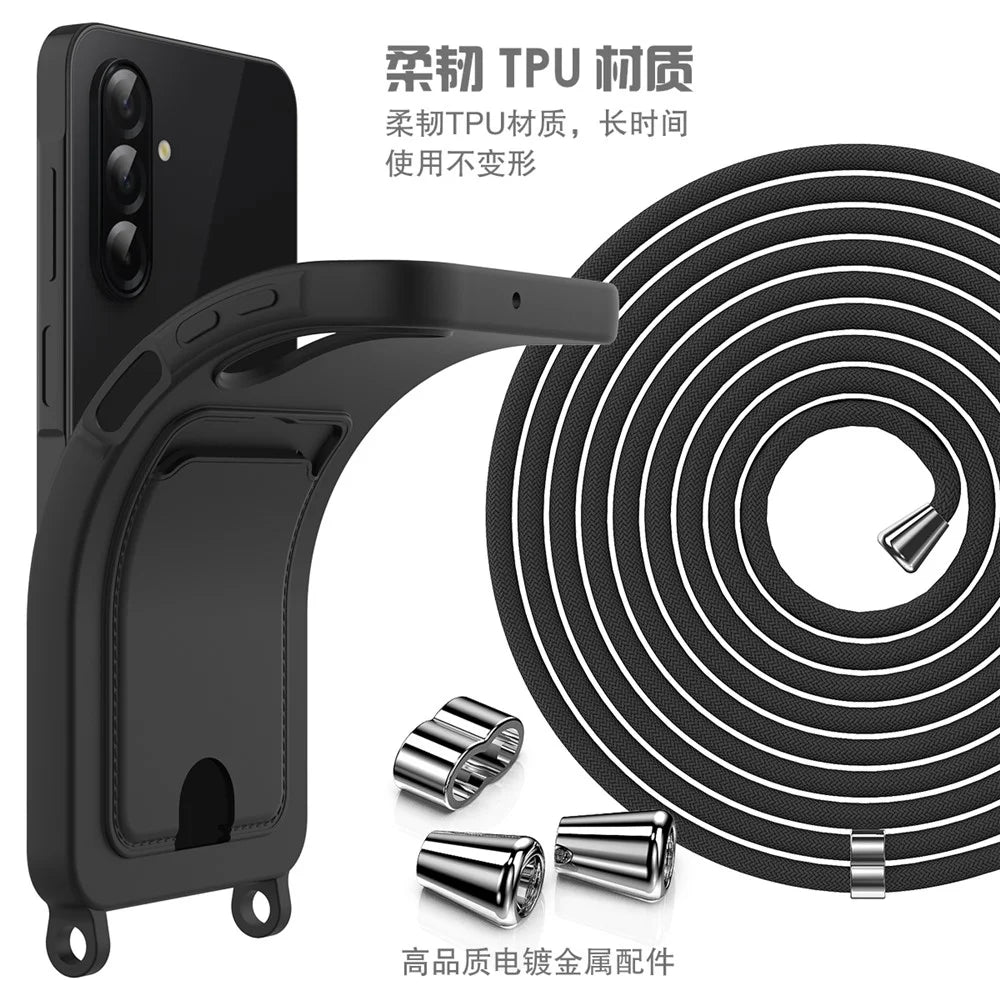 For Samsung Galaxy A56 5G / Galaxy A36 5G Case Liquid Silicone Card Holder Back Phone Cover with Lanyard - Black - 7