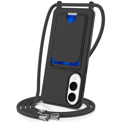 For Samsung Galaxy S25 Edge Case Liquid Silicone Card Holder Back Phone Cover with Lanyard - Black - 1