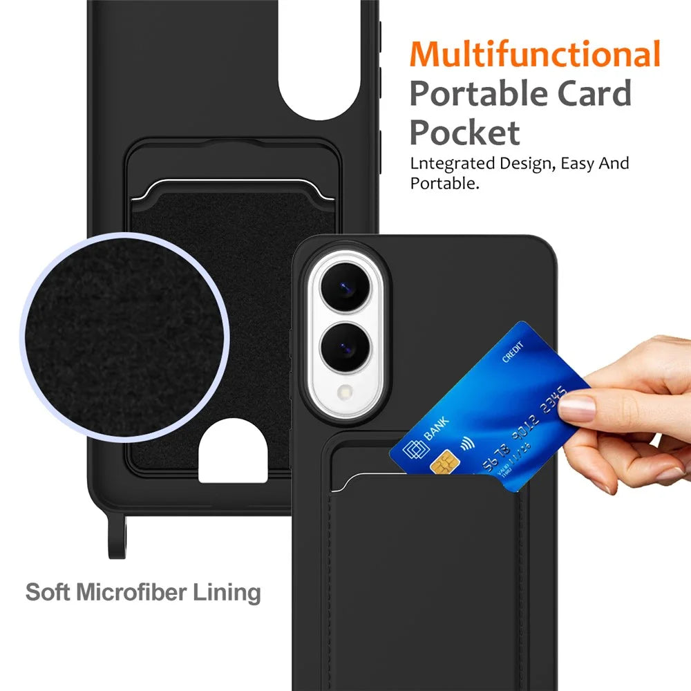 For Samsung Galaxy S25 Edge Case Liquid Silicone Card Holder Back Phone Cover with Lanyard - Black - 4