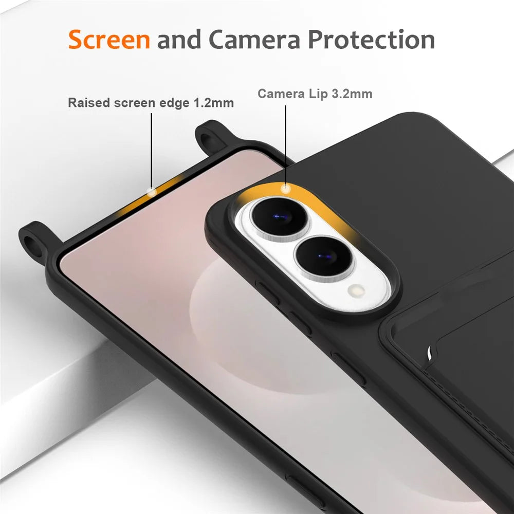 For Samsung Galaxy S25 Edge Case Liquid Silicone Card Holder Back Phone Cover with Lanyard - Black - 5