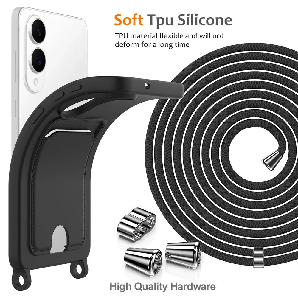 For Samsung Galaxy S25 Edge Case Liquid Silicone Card Holder Back Phone Cover with Lanyard - Black - 7
