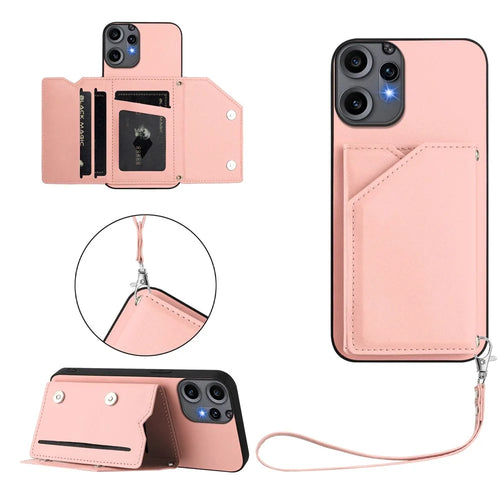 For Nothing CMF Phone 2 Pro Case Card Holder Kickstand Skin-Touch Phone Cover with Wrist Strap - Pink - 1