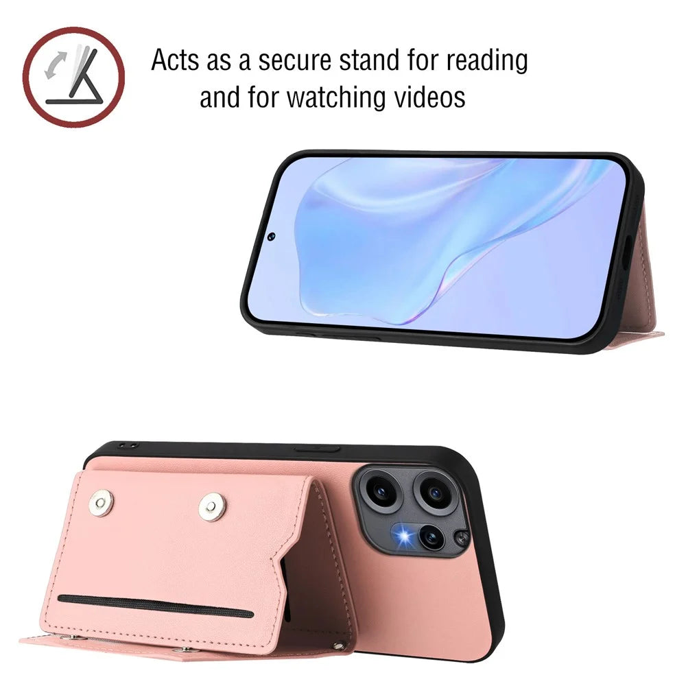 For Nothing CMF Phone 2 Pro Case Card Holder Kickstand Skin-Touch Phone Cover with Wrist Strap - Pink - 6