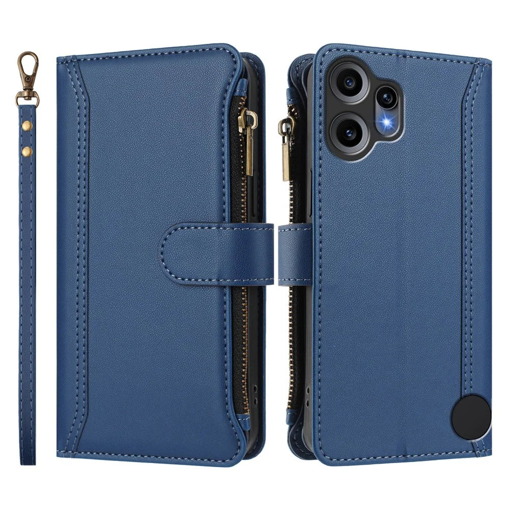For Nothing CMF Phone 2 Pro Leather Case 9 Card Slots Zipper Wallet Stand Phone Cover with Wrist Strap - Dark Blue - 3