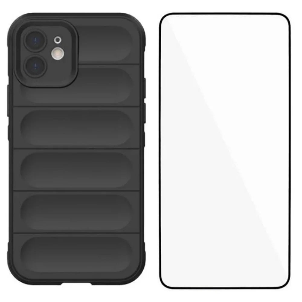 WANLONFENG For iPhone 12 6.1 inch TPU Case  HD Series Anti Slip Phone Cover with Tempered Glass - Black - 1