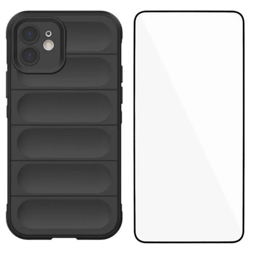 WANLONFENG For iPhone 12 6.1 inch TPU Case  HD Series Anti Slip Phone Cover with Tempered Glass - Black - 1