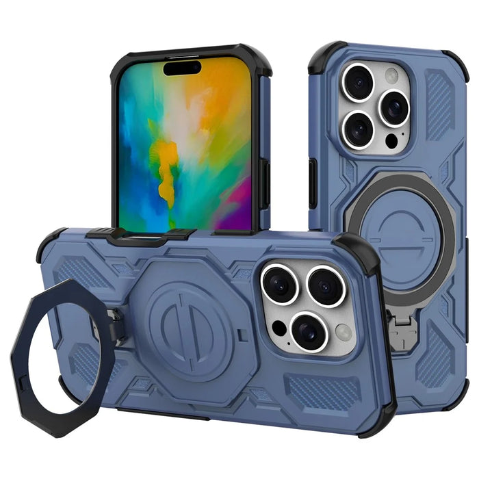 For iPhone 16 Pro Max Magnetic Case Rotating Metal Kickstand Shockproof PC + TPU Phone Back Cover - Dark Blue - 1