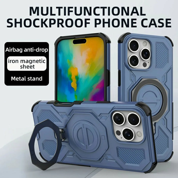 For iPhone 16 Pro Max Magnetic Case Rotating Metal Kickstand Shockproof PC + TPU Phone Back Cover - Dark Blue - 3