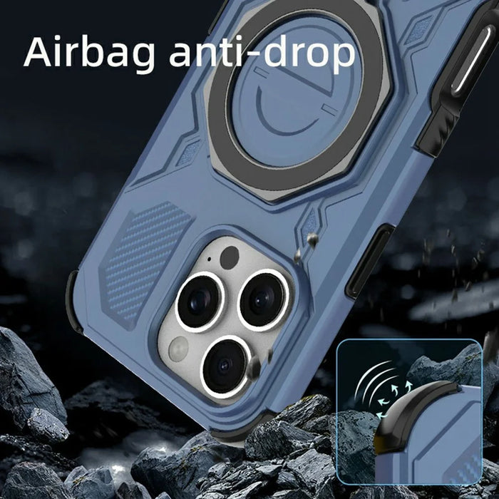 For iPhone 16 Pro Max Magnetic Case Rotating Metal Kickstand Shockproof PC + TPU Phone Back Cover - Dark Blue - 7