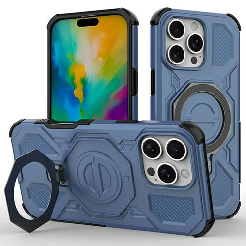 For iPhone 16 Pro Magnetic Case Rotating Metal Kickstand Shockproof PC + TPU Phone Back Cover - Dark Blue - 1