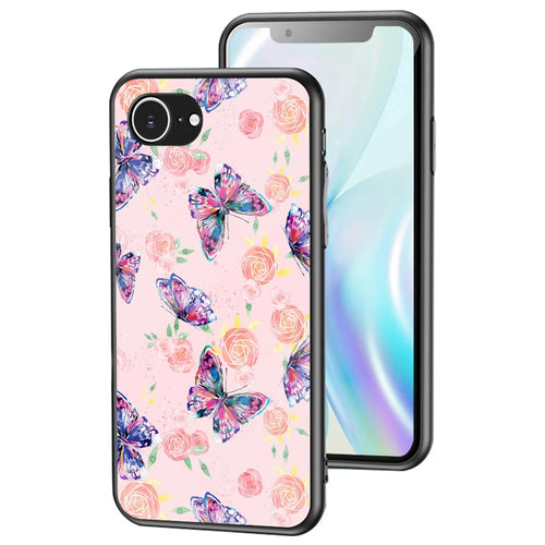 For iPhone 17e / 16e Case Butterfly Pattern TPU + Tempered Glass Protective Phone Cover - Rose Butterfly - 1