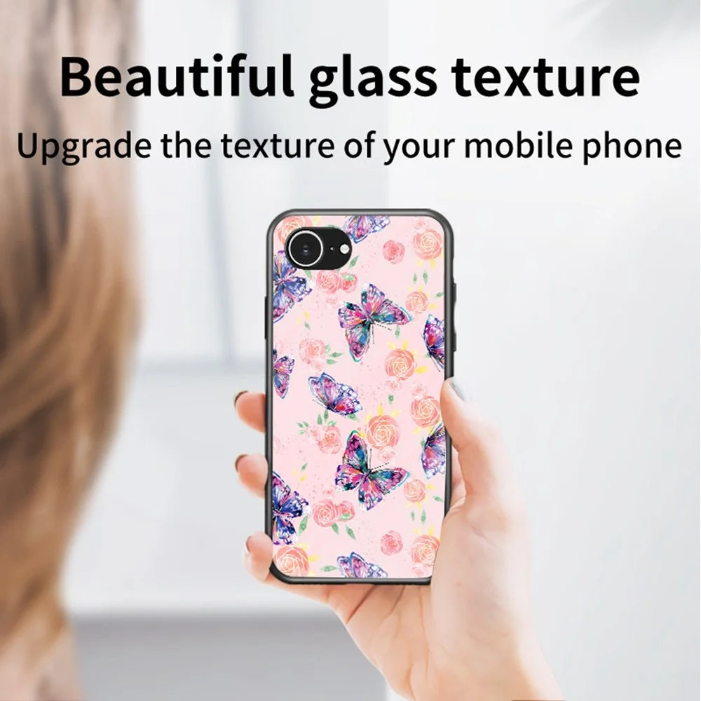 For iPhone 17e / 16e Case Butterfly Pattern TPU + Tempered Glass Protective Phone Cover - Rose Butterfly - 2