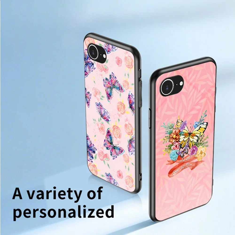 For iPhone 17e / 16e Case Butterfly Pattern TPU + Tempered Glass Protective Phone Cover - Rose Butterfly - 4