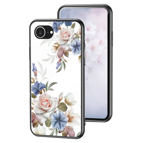 For iPhone 17e / 16e Case Floral Pattern TPU + Tempered Glass Protective Phone Cover - White Flower Bush - 1