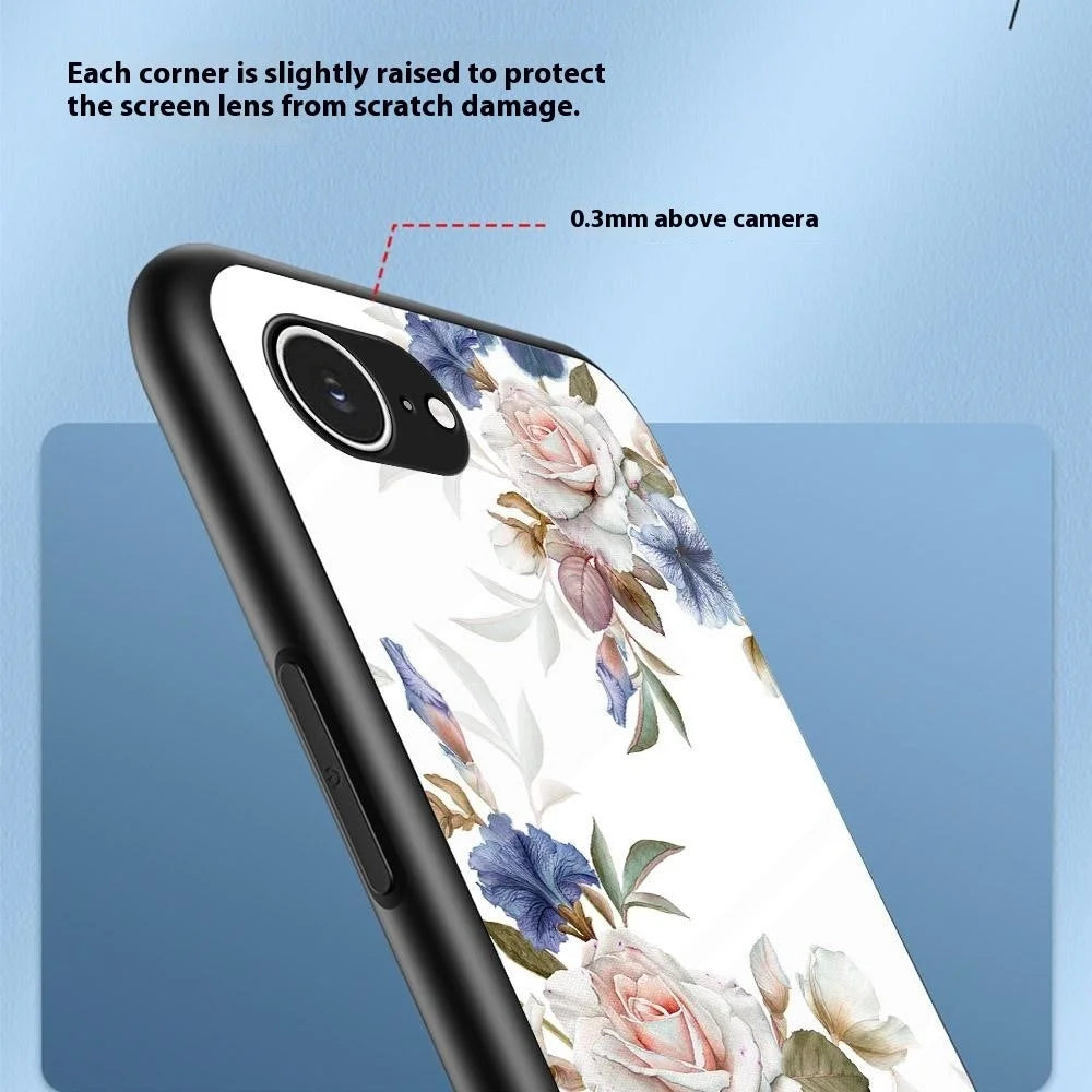 For iPhone 17e / 16e Case Floral Pattern TPU + Tempered Glass Protective Phone Cover - White Flower Bush - 2