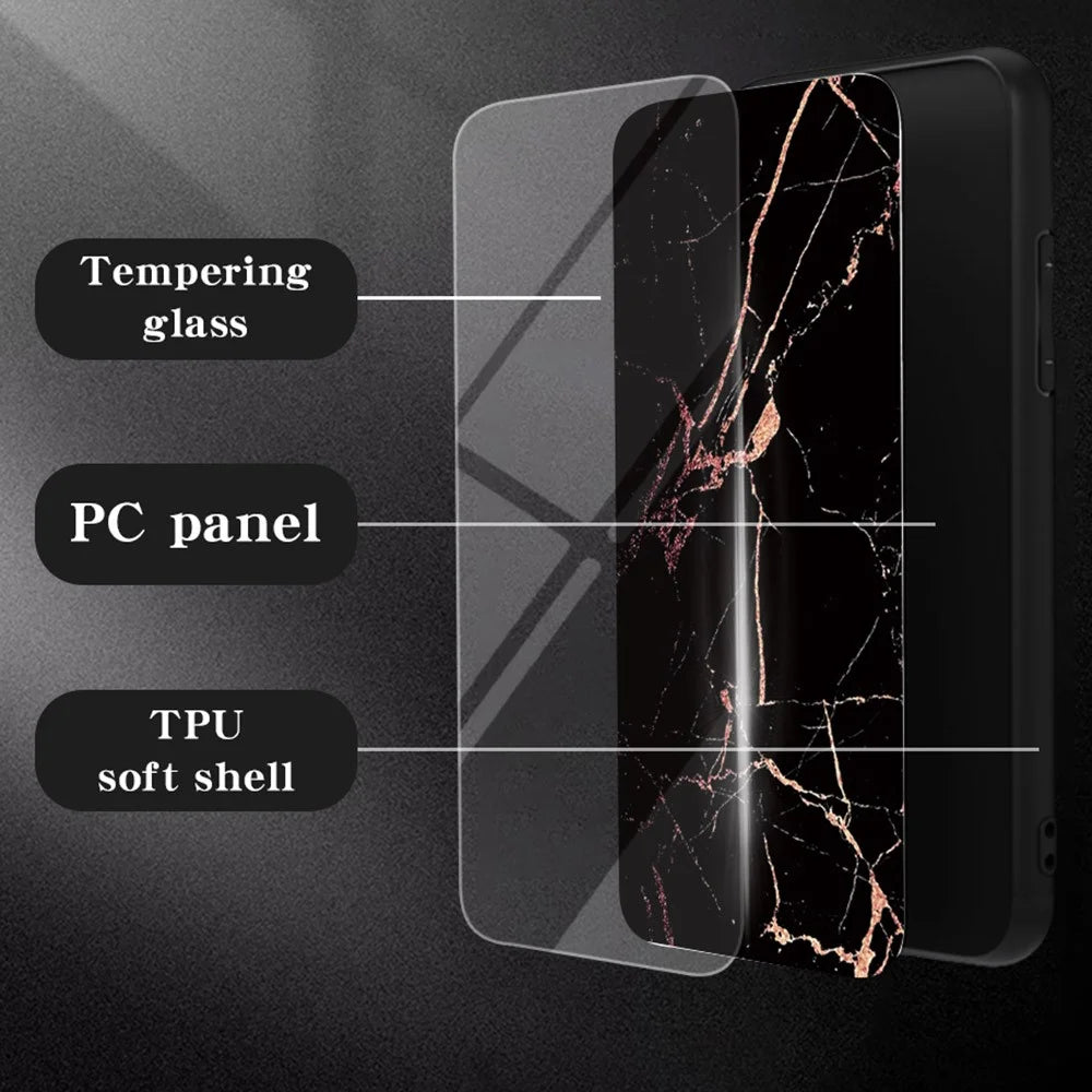 For iPhone 17e / 16e Case Marble Pattern Tempered Glass + PC + TPU Protective Phone Cover - Gold Black Marble - 2