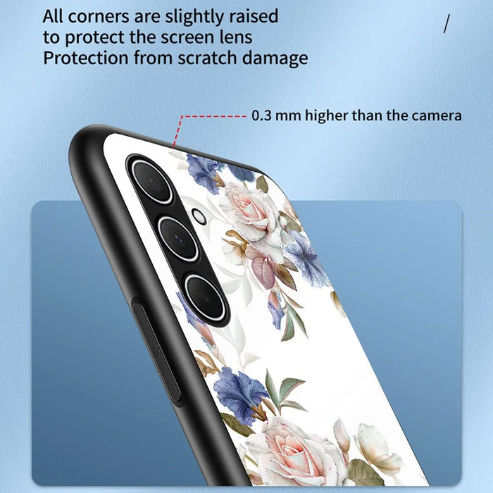 For Samsung Galaxy A36 5G Case Floral Pattern TPU + Tempered Glass Protective Phone Cover - White Flower Bush - 3