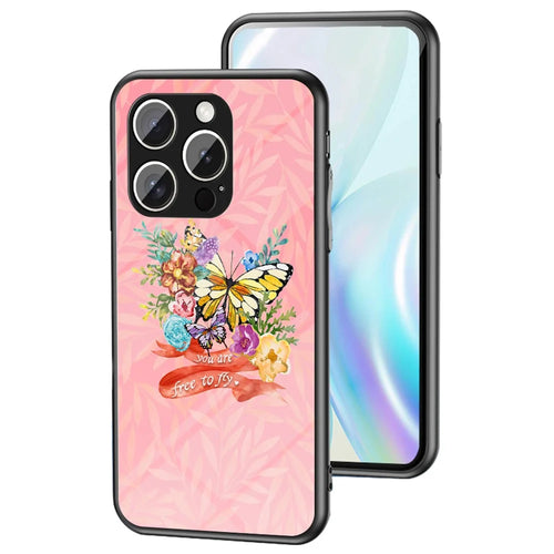 For iPhone 16 Pro Case Butterfly Pattern TPU + Tempered Glass Protective Phone Cover - Flower Bush Butterfly - 1
