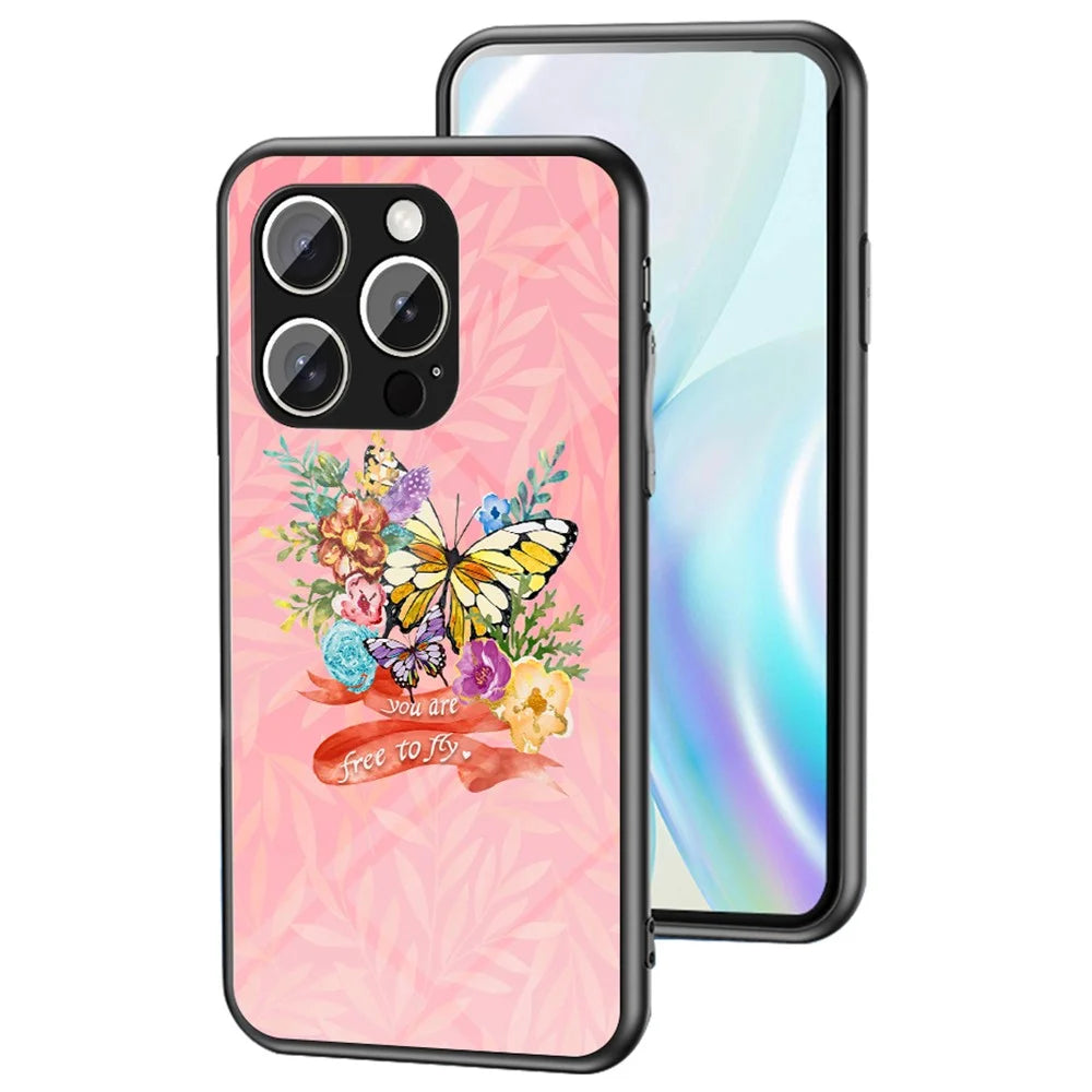 For iPhone 16 Pro Case Butterfly Pattern TPU + Tempered Glass Protective Phone Cover - Flower Bush Butterfly - 1