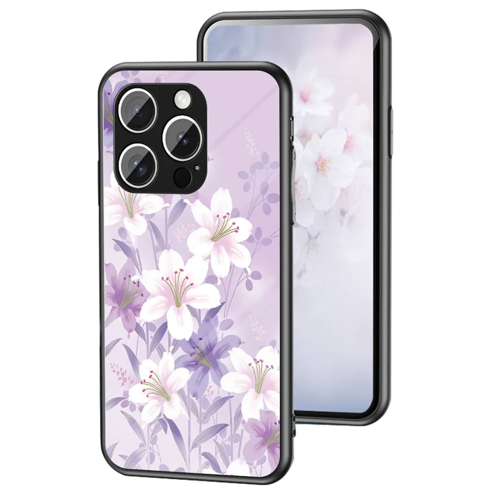 For iPhone 16 Pro Case Floral Pattern TPU + Tempered Glass Protective Phone Cover - Purple Magnolia - 1