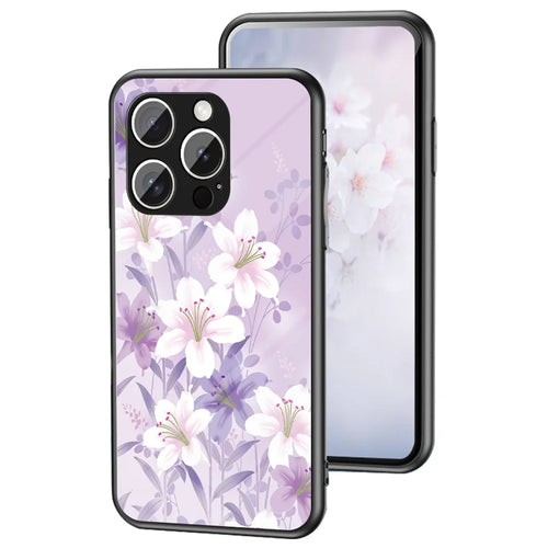 For iPhone 16 Pro Case Floral Pattern TPU + Tempered Glass Protective Phone Cover - Purple Magnolia - 1