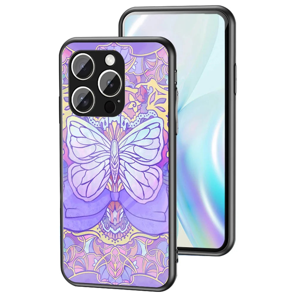 For iPhone 16 Pro Max Case Butterfly Pattern TPU + Tempered Glass Protective Phone Cover - Phantom Butterfly - 1