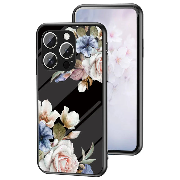 For iPhone 16 Pro Max Case Floral Pattern TPU + Tempered Glass Protective Phone Cover - Black Flower Bush - 1