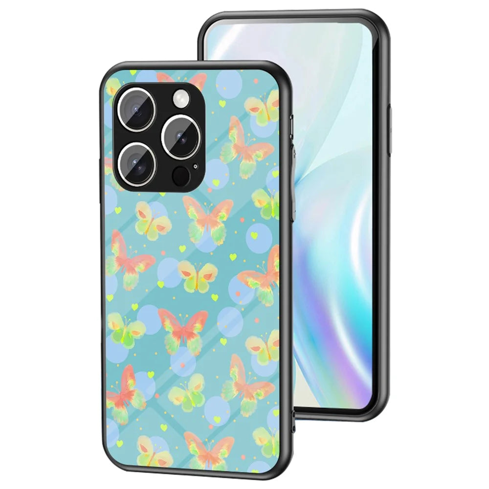 For iPhone 15 Pro Case Butterfly Pattern TPU + Tempered Glass Protective Phone Cover - Lush Butterfly - 1