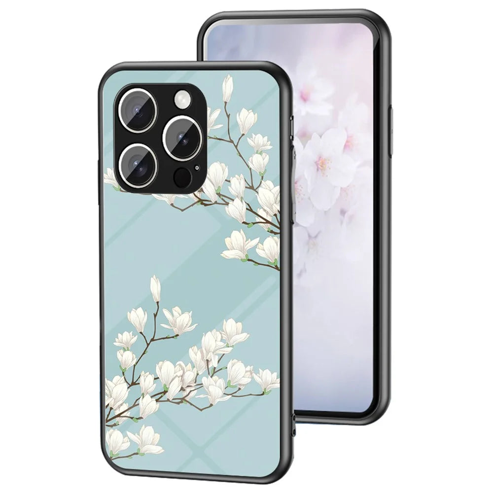 For iPhone 15 Pro Case Floral Pattern TPU + Tempered Glass Protective Phone Cover - Gardenias - 1