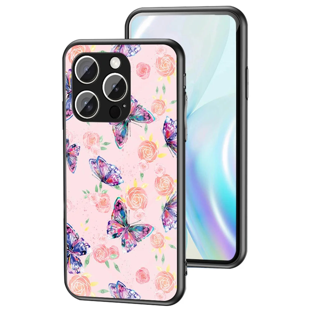 For iPhone 15 Pro Max Case Butterfly Pattern TPU + Tempered Glass Protective Phone Cover - Rose Butterfly - 1