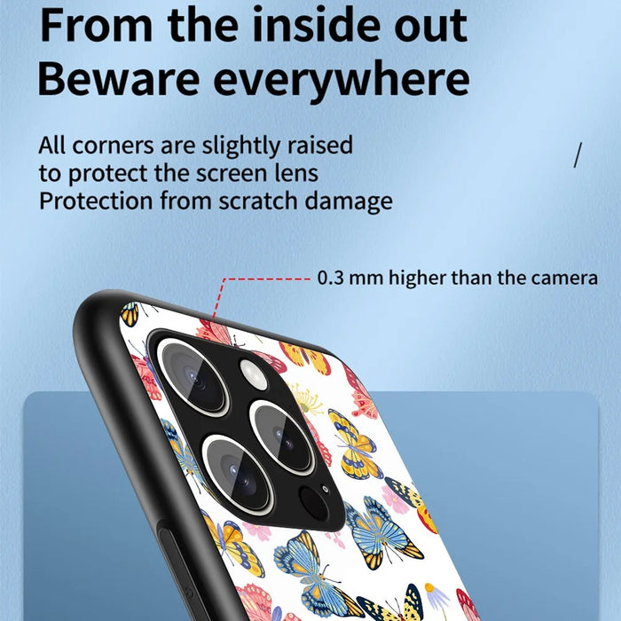 For iPhone 15 Pro Max Case Butterfly Pattern TPU + Tempered Glass Protective Phone Cover - Rose Butterfly - 3