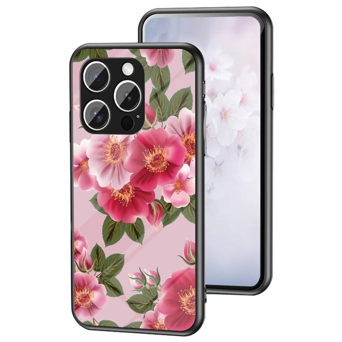 For iPhone 15 Pro Max Case Floral Pattern TPU + Tempered Glass Protective Phone Cover - Glamorous Peony - 1