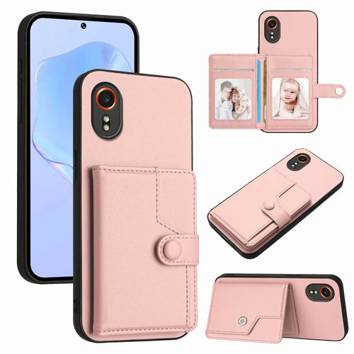For Samsung Galaxy Xcover7 Case RFID Blocking Card Holder Kickstand TPU + PU Leather Phone Back Cover - Rose Gold - 1