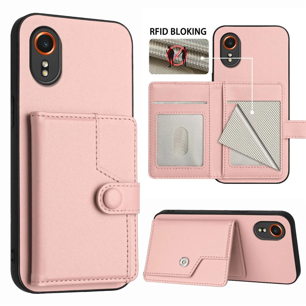 For Samsung Galaxy Xcover7 Case RFID Blocking Card Holder Kickstand TPU + PU Leather Phone Back Cover - Rose Gold - 3