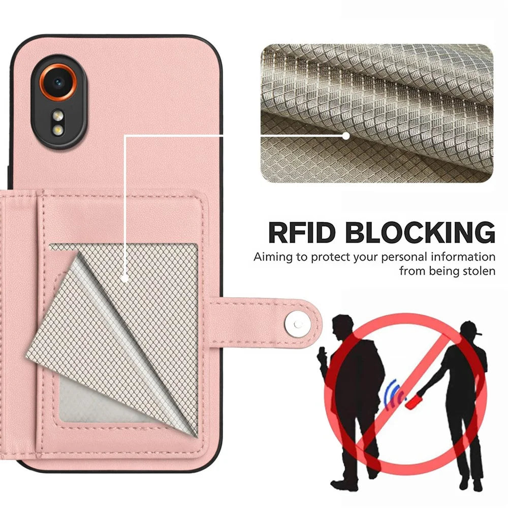 For Samsung Galaxy Xcover7 Case RFID Blocking Card Holder Kickstand TPU + PU Leather Phone Back Cover - Rose Gold - 4