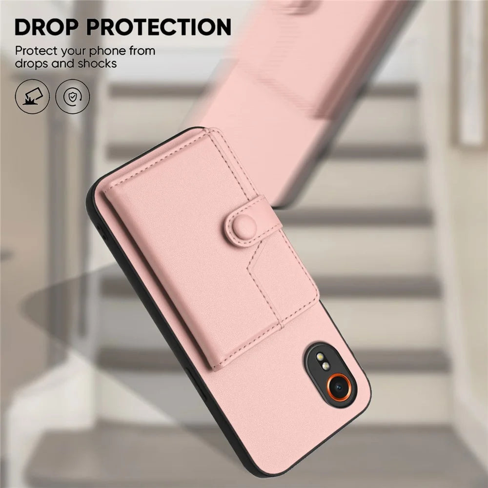 For Samsung Galaxy Xcover7 Case RFID Blocking Card Holder Kickstand TPU + PU Leather Phone Back Cover - Rose Gold - 5