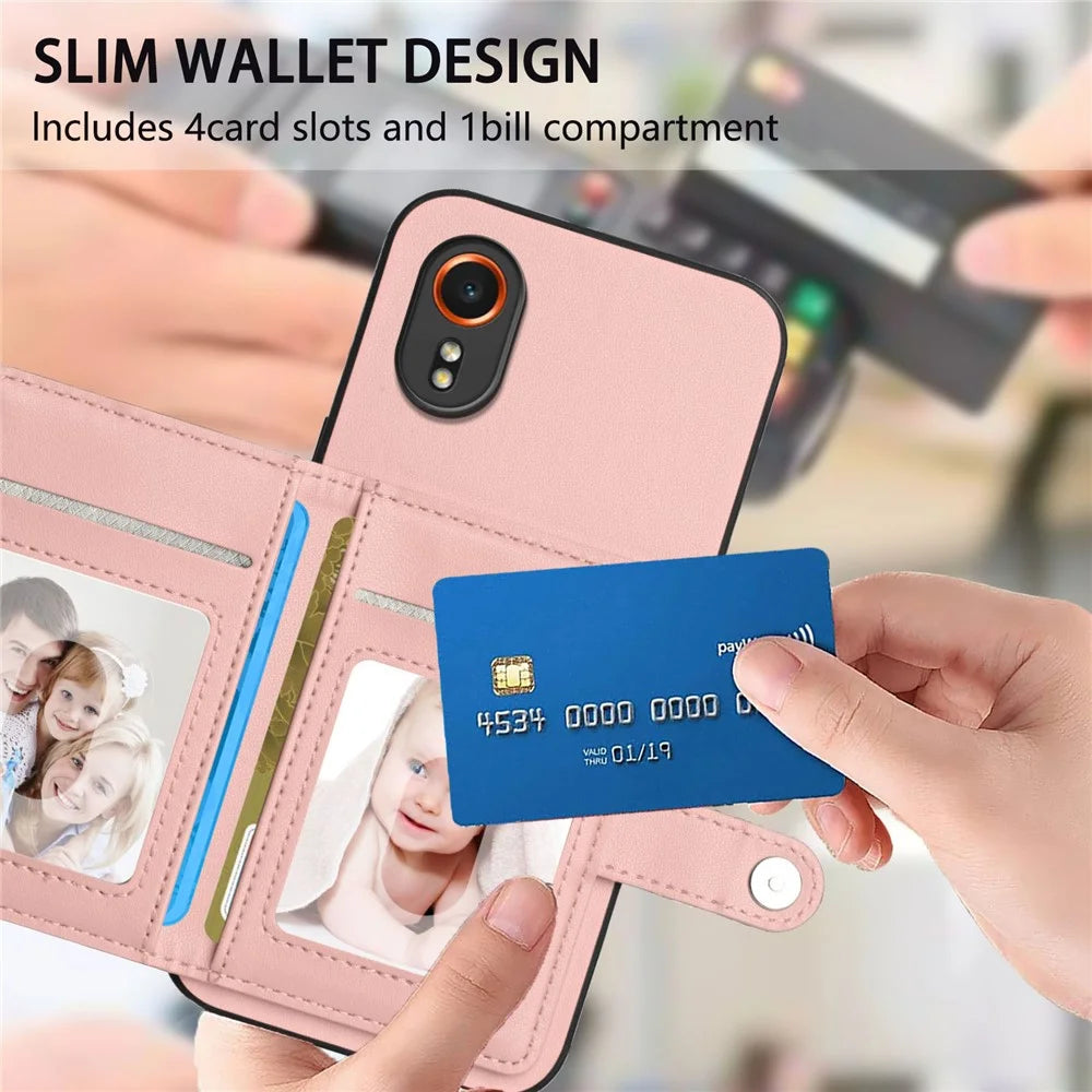 For Samsung Galaxy Xcover7 Case RFID Blocking Card Holder Kickstand TPU + PU Leather Phone Back Cover - Rose Gold - 6