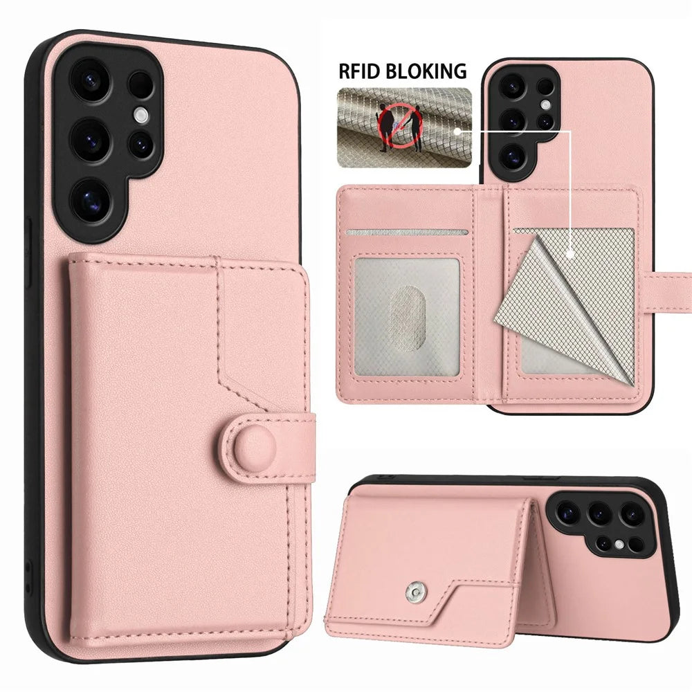 For Samsung Galaxy S24 Ultra Case RFID Blocking Card Holder Kickstand TPU + PU Leather Phone Back Cover - Rose Gold - 3