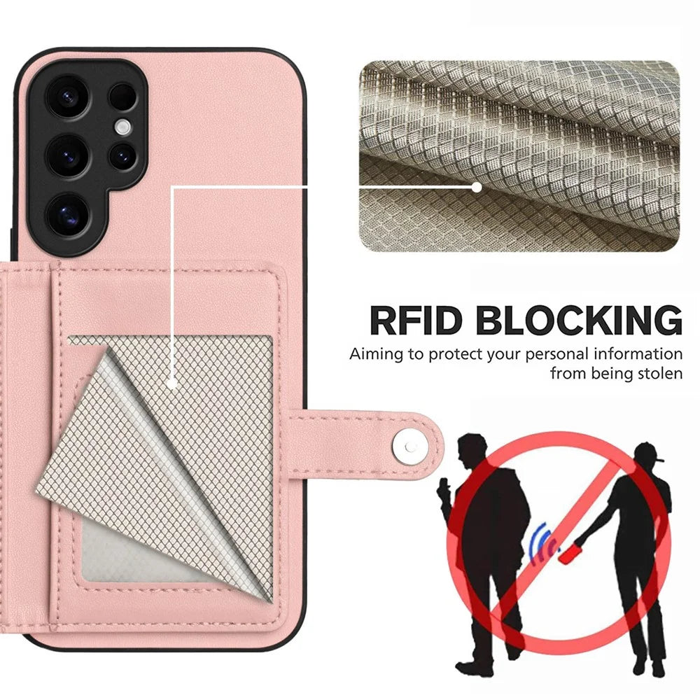 For Samsung Galaxy S24 Ultra Case RFID Blocking Card Holder Kickstand TPU + PU Leather Phone Back Cover - Rose Gold - 4